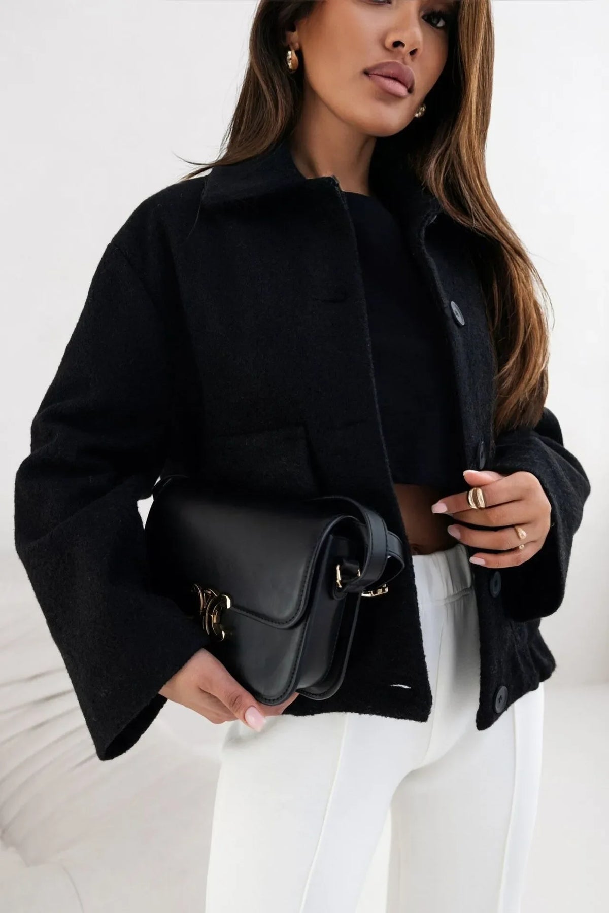 Veste courte femme effet laine à boutons - Noir