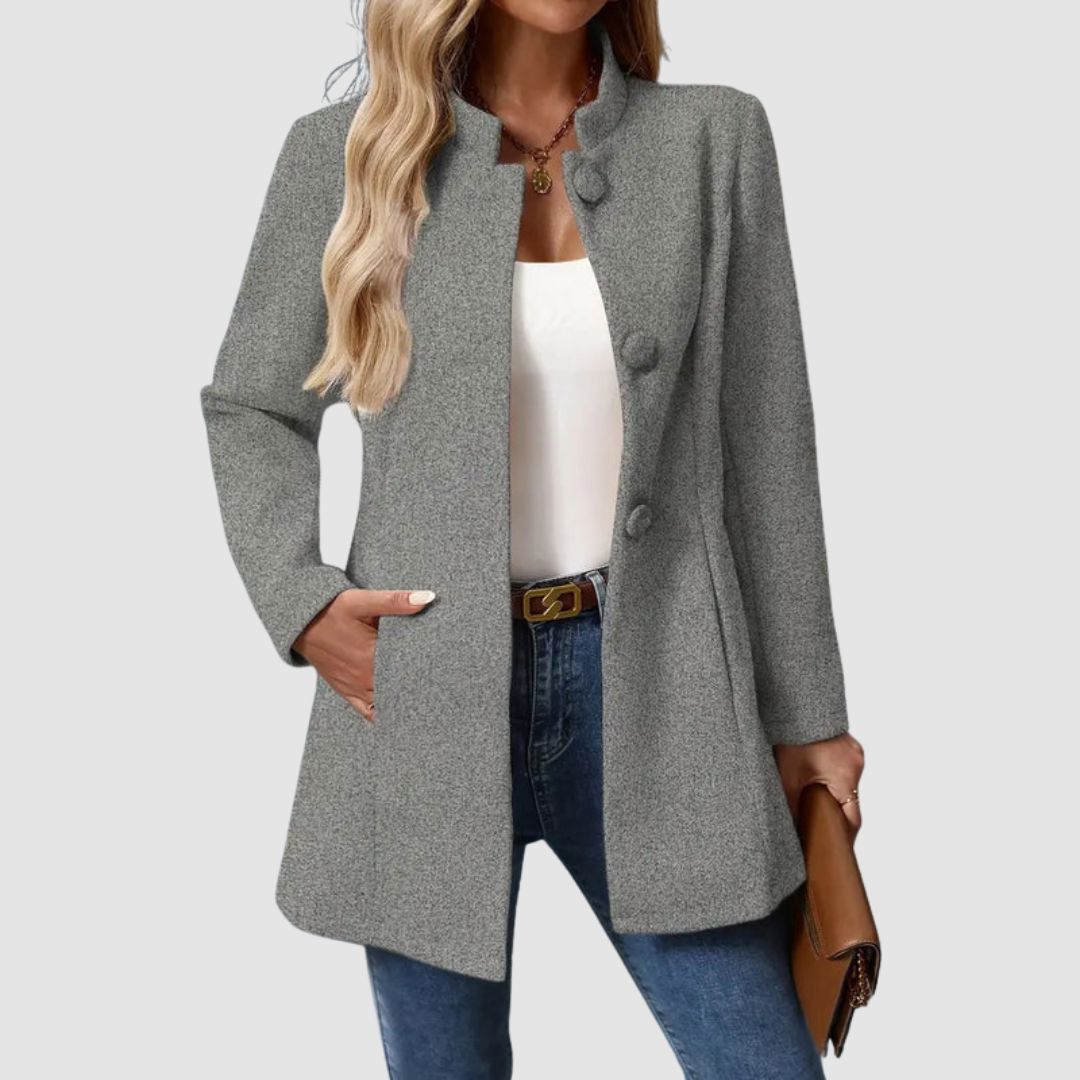 Manteau long femme élégant col montant - Gris