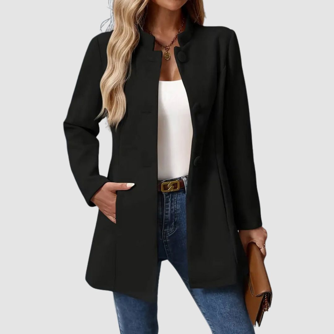 Manteau long femme élégant col montant - Noir