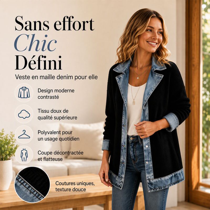 Manteau en maille côtelée femme empiècements jean