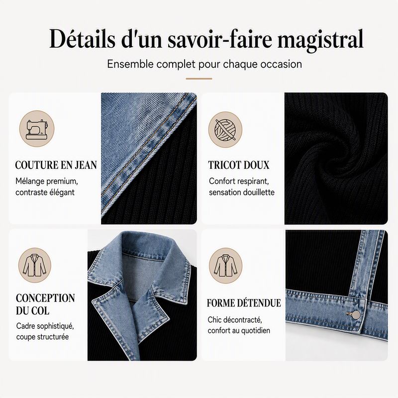 Manteau en maille côtelée femme empiècements jean