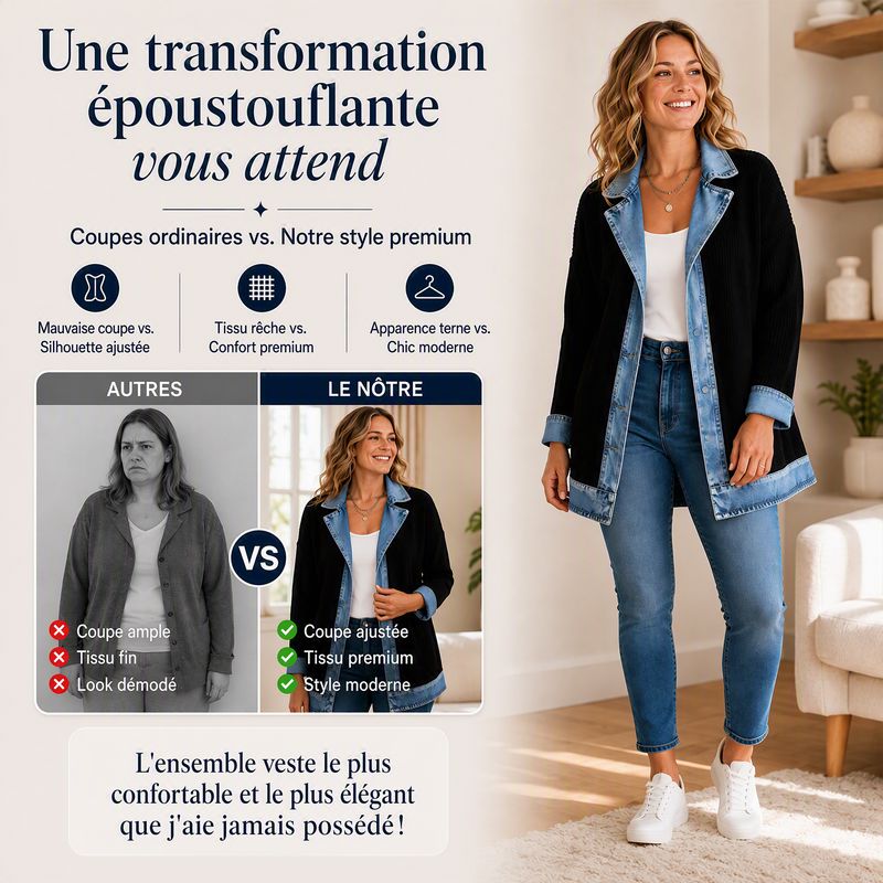 Manteau en maille côtelée femme empiècements jean