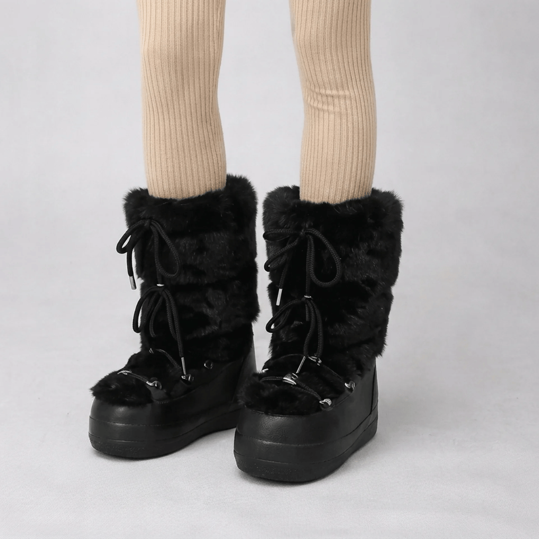 Détail de la fourrure synthétique des bottes de neige femme