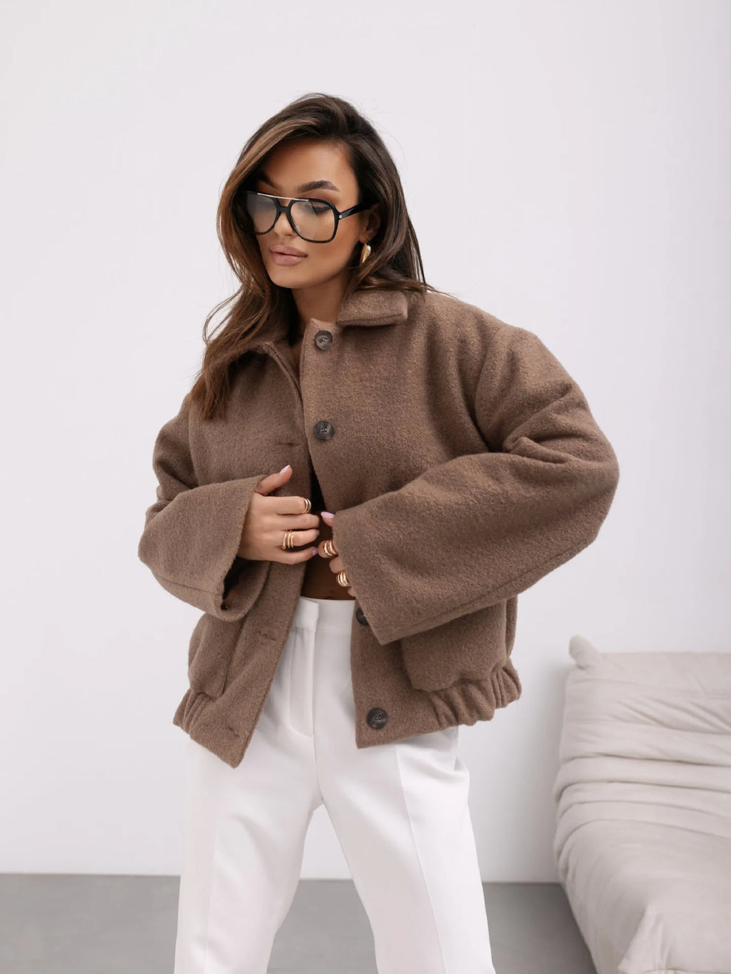 Veste courte femme effet laine à boutons - Marron
