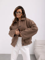 Veste courte femme effet laine à boutons - Marron