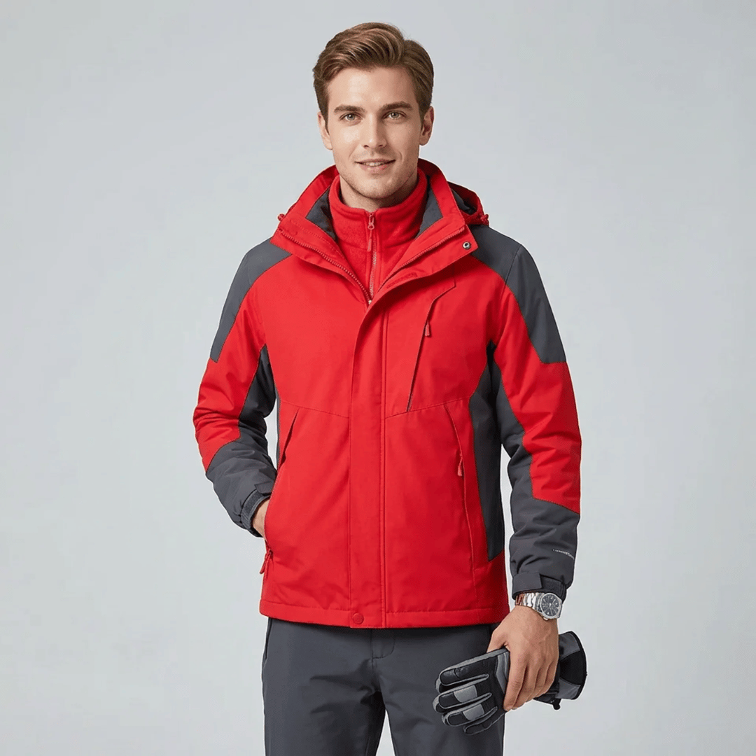 Veste 3 en 1 homme portee avec la capuche relevee
