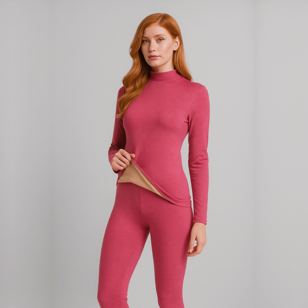 Ensemble thermique seconde peau femme, haut et legging portés de face