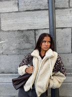Veste moumoute femme manches léopard à capuche