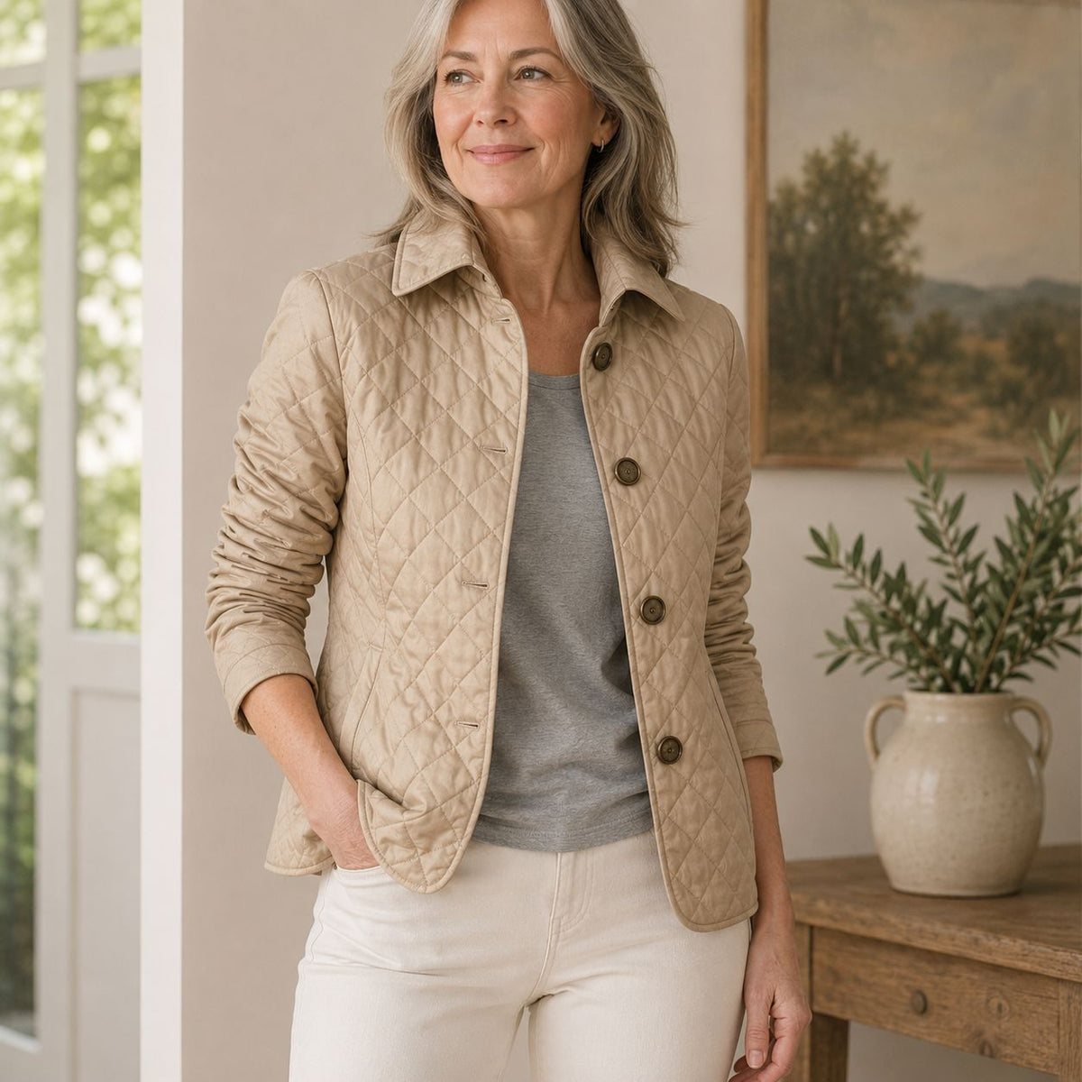 Veste matelassée femme élégante col montant - Beige