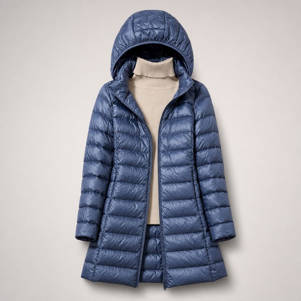 Doudoune longue ultralégère femme à capuche - Bleu marine