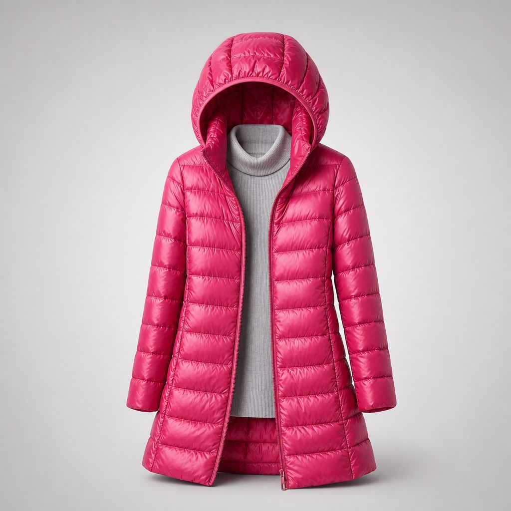 Doudoune longue ultralégère femme à capuche - Fuchsia