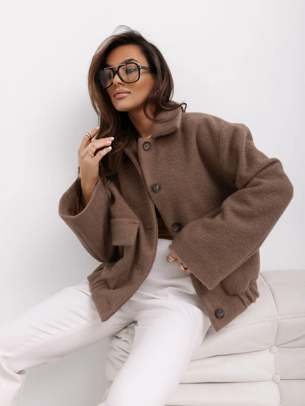 Veste courte femme effet laine à boutons