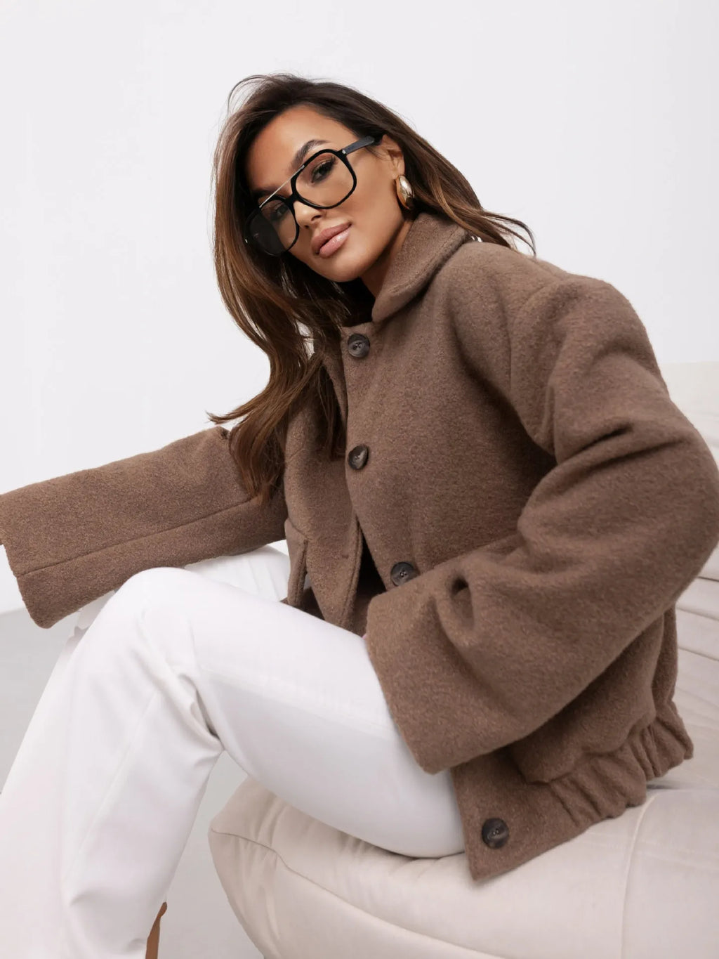 Veste courte femme effet laine à boutons