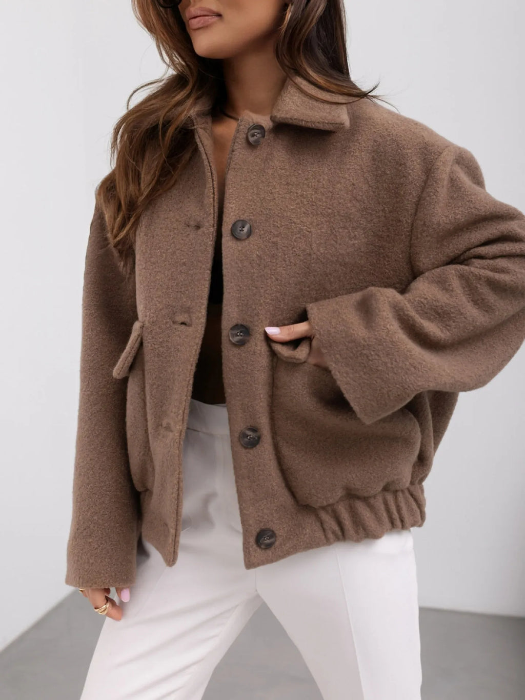 Veste courte femme effet laine à boutons