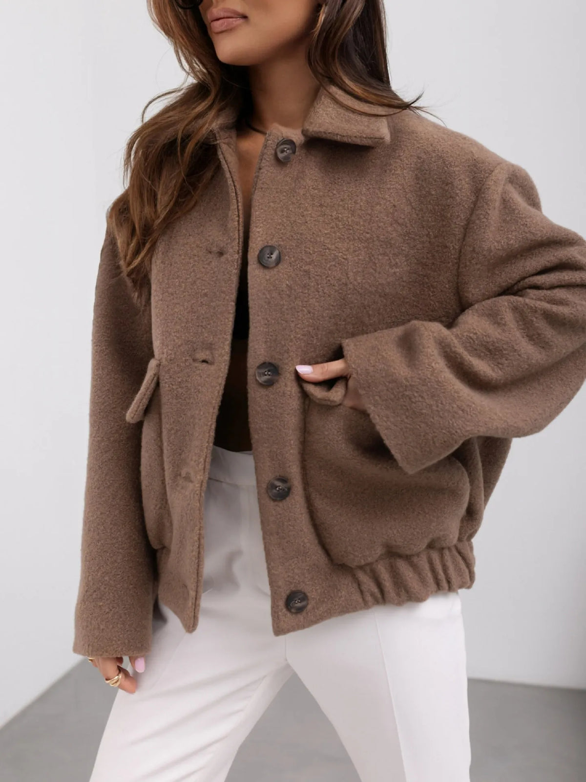 Veste courte femme effet laine à boutons