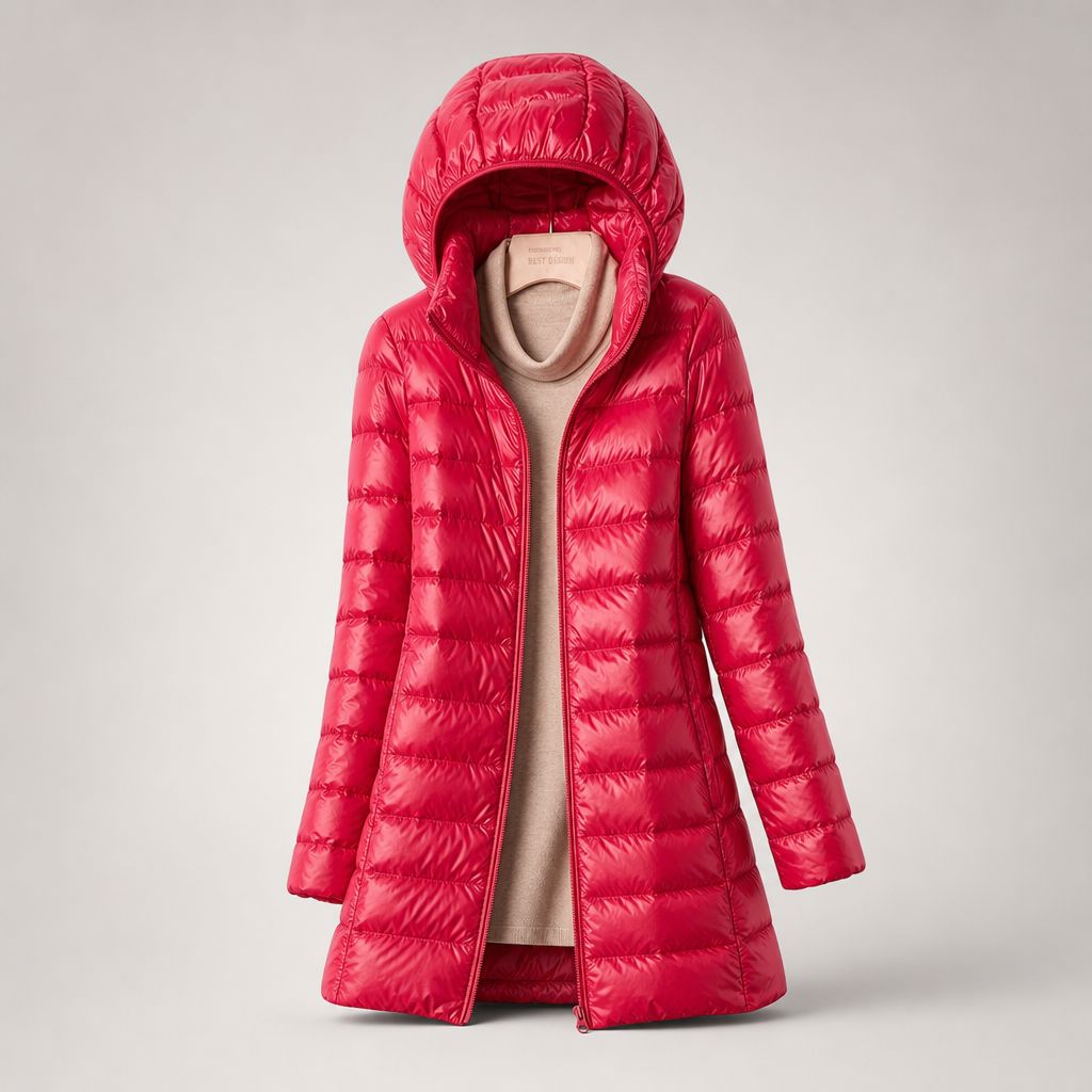 Doudoune longue ultralégère femme à capuche - Rouge