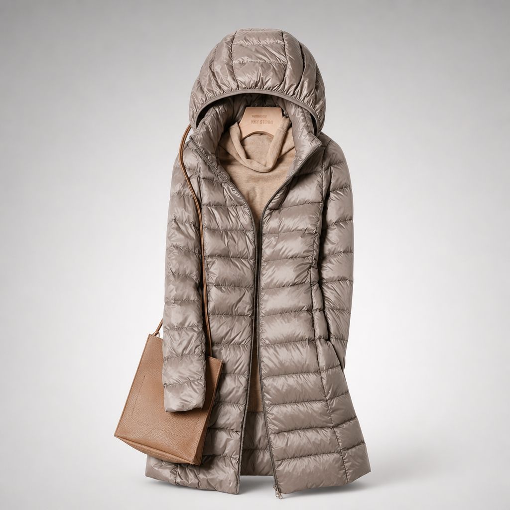 Doudoune longue ultralégère femme à capuche - Taupe