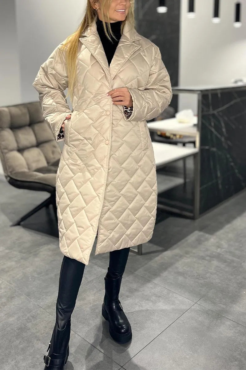 Manteau matelassé long femme doublure léopard - Beige