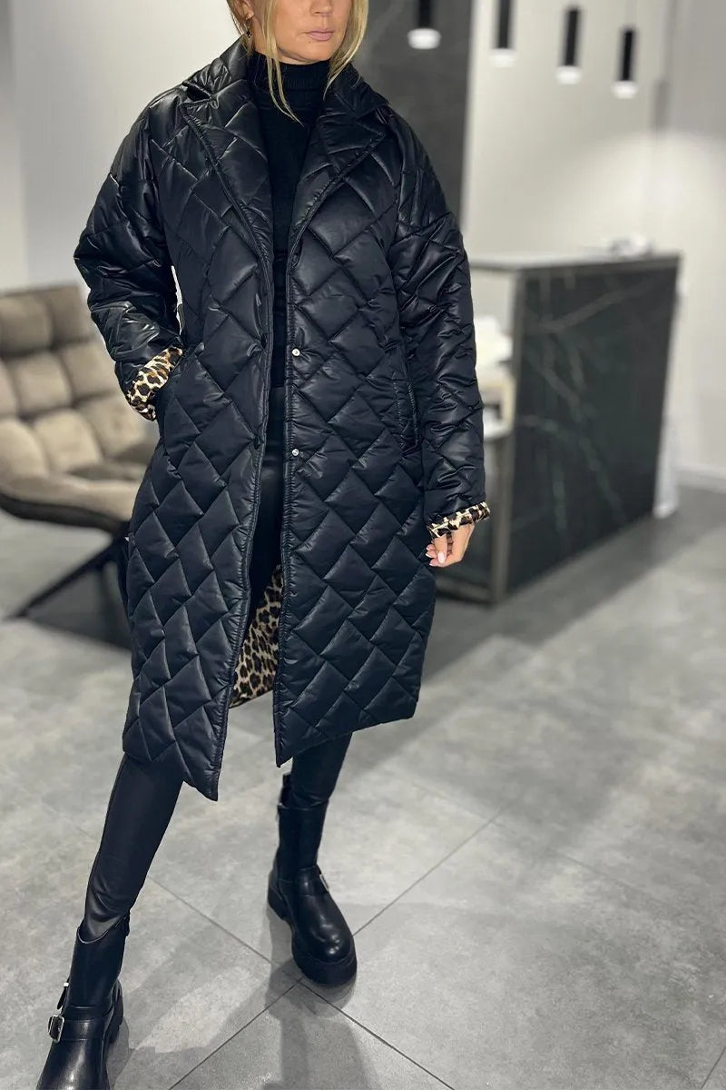 Manteau matelassé long femme doublure léopard - Noir