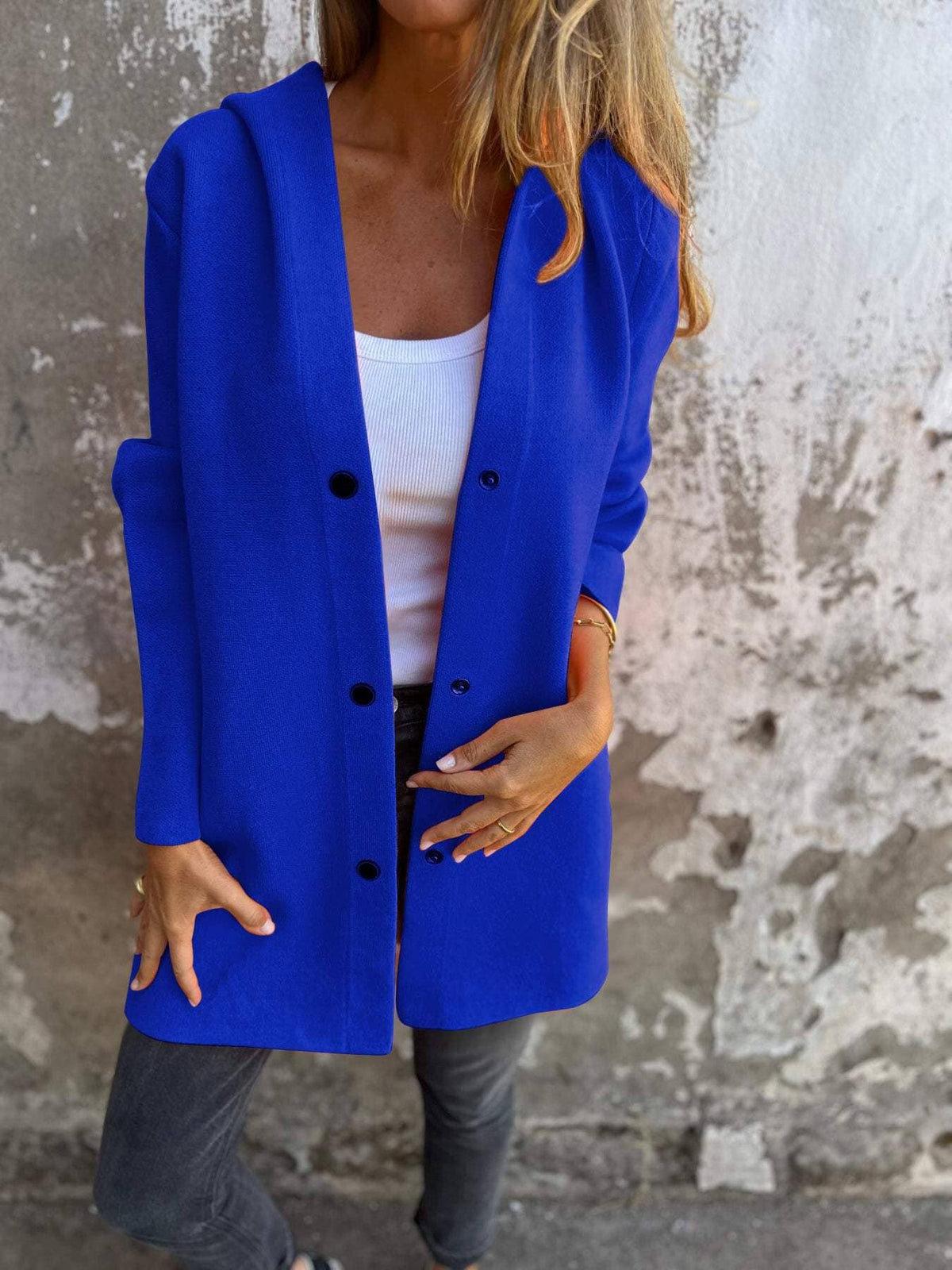 Manteau femme à capuche boutonnage simple - Bleu