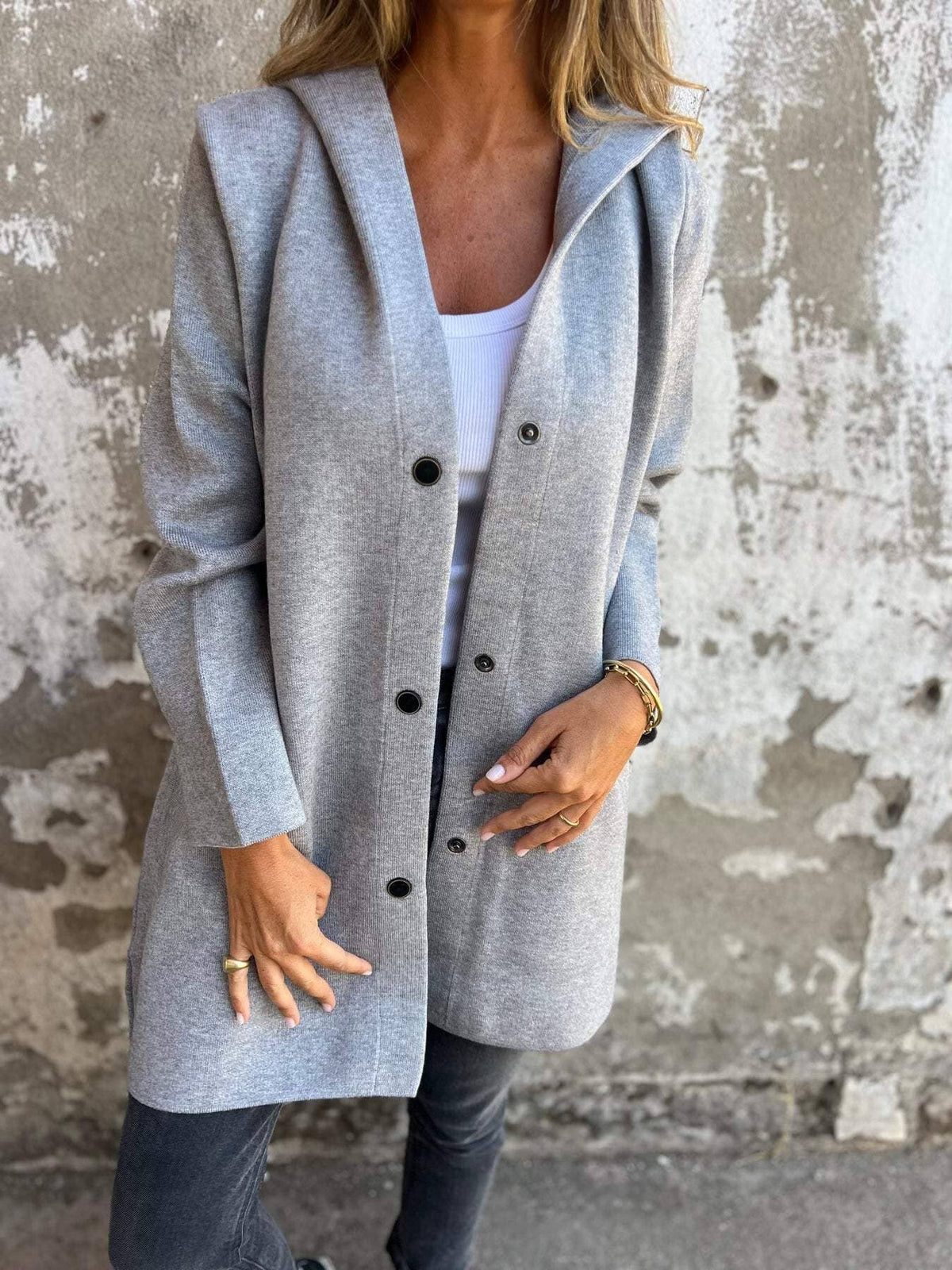 Manteau femme à capuche boutonnage simple - Gris