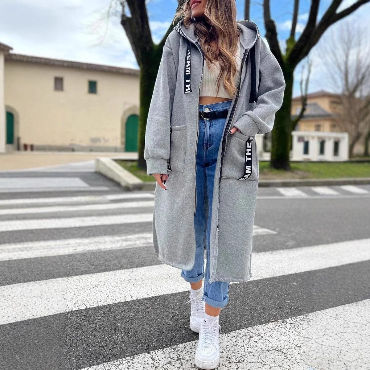 Manteau long cocoon femme zippé - Gris