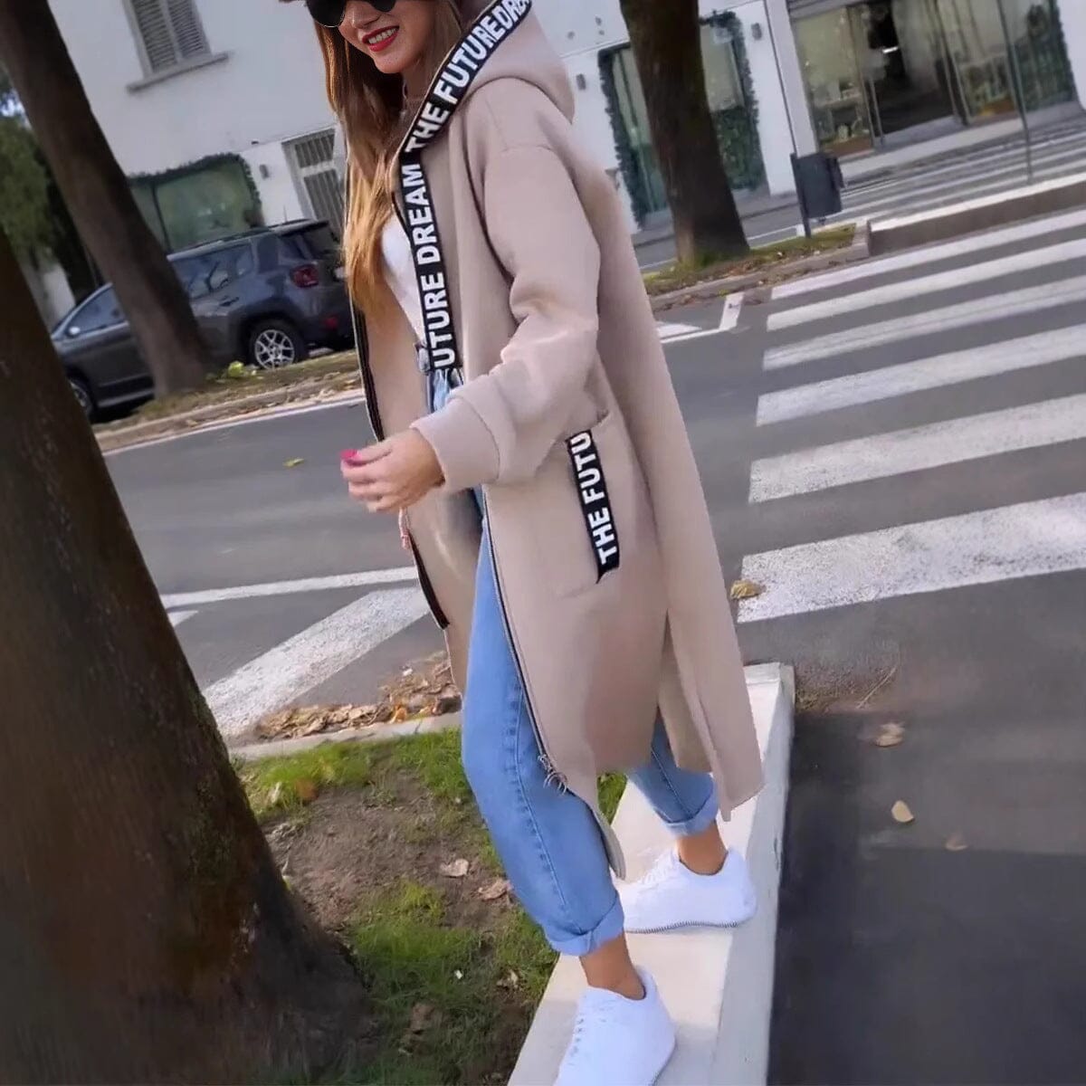 Manteau long cocoon femme zippé - Abricot