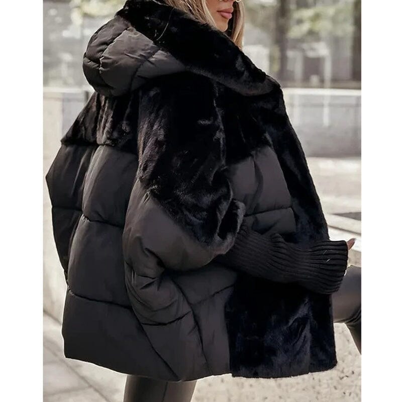 Doudoune oversize femme manches en tricot à capuche - Noir