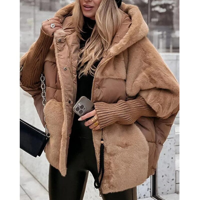 Doudoune oversize femme manches en tricot à capuche - Kaki foncé