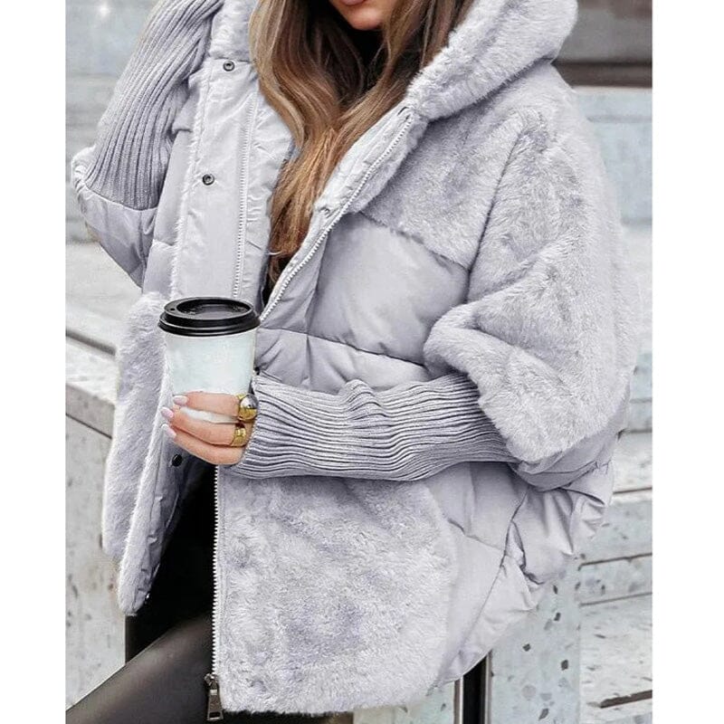 Doudoune oversize femme manches en tricot à capuche - Gris