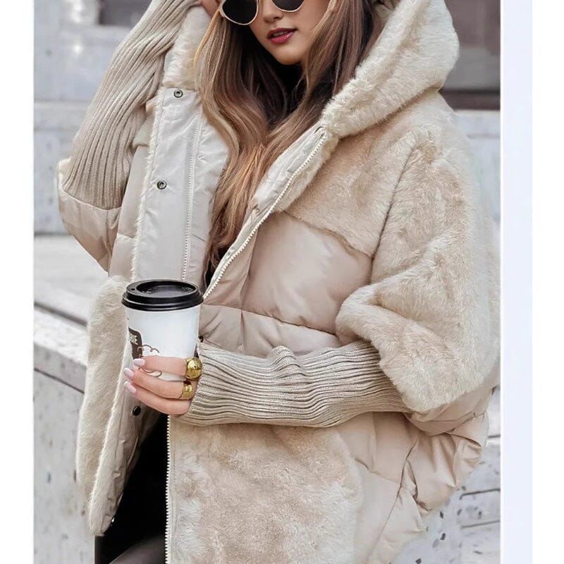 Doudoune oversize femme manches en tricot à capuche - Beige