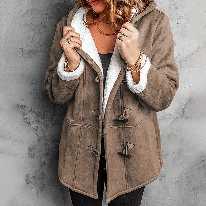 Manteau femme aspect daim doublé polaire à capuche
