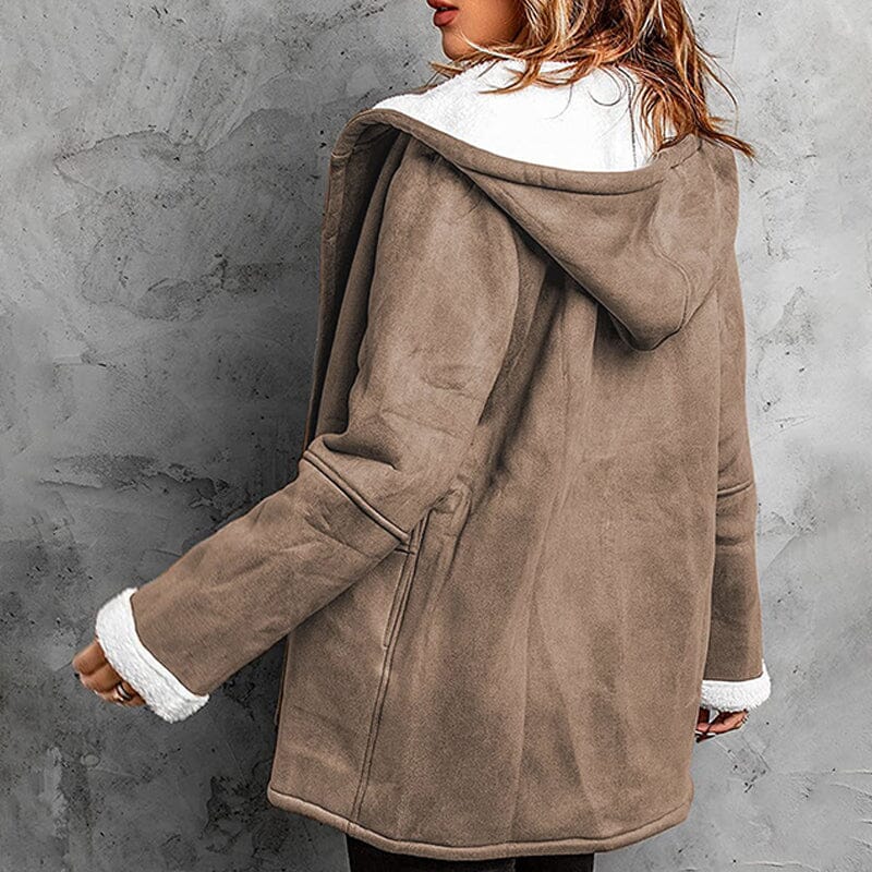 Manteau femme aspect daim doublé polaire à capuche