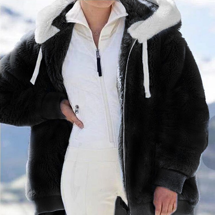 Veste polaire femme doublée sherpa à capuche - Noir
