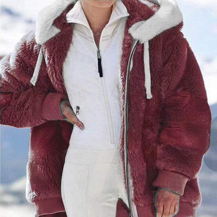 Veste polaire femme doublée sherpa à capuche - Rouge