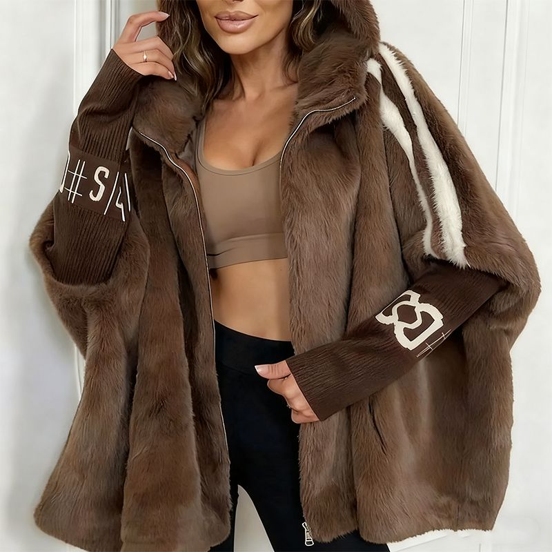 Manteau en peluche femme à capuche zippé - Marron