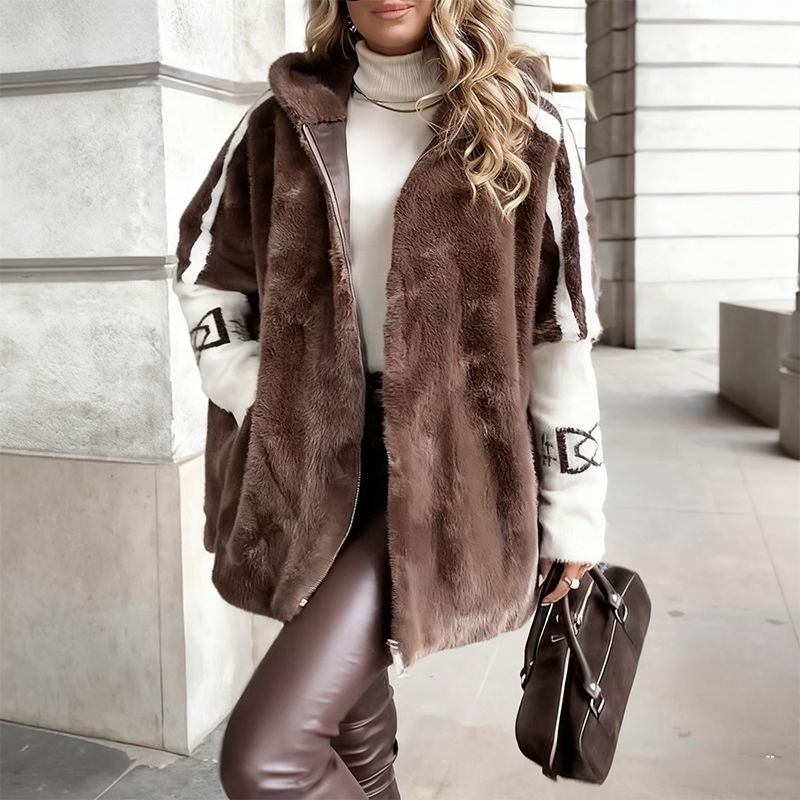 Manteau en peluche femme à capuche zippé