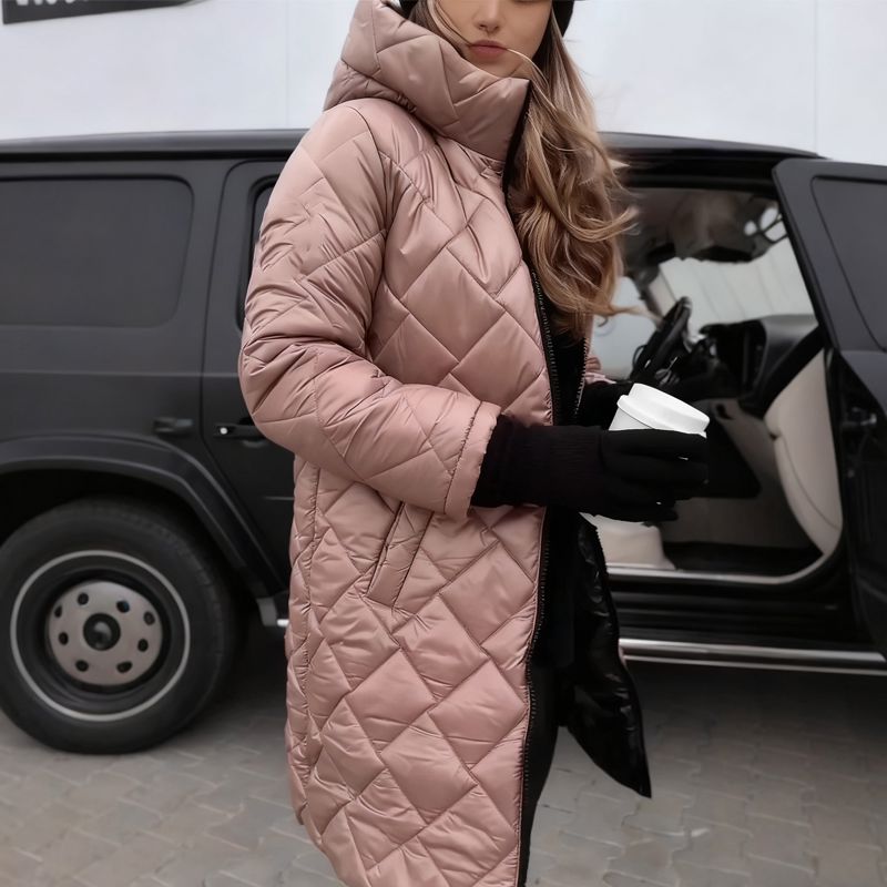 Manteau matelassé long femme à capuche col montant