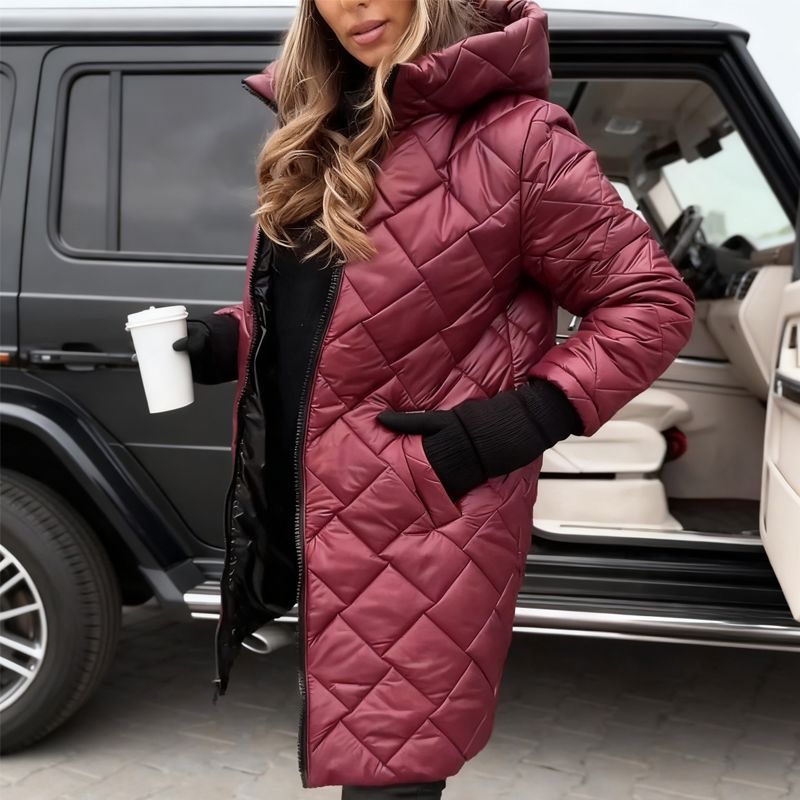 Manteau matelassé long femme à capuche col montant - Rouge