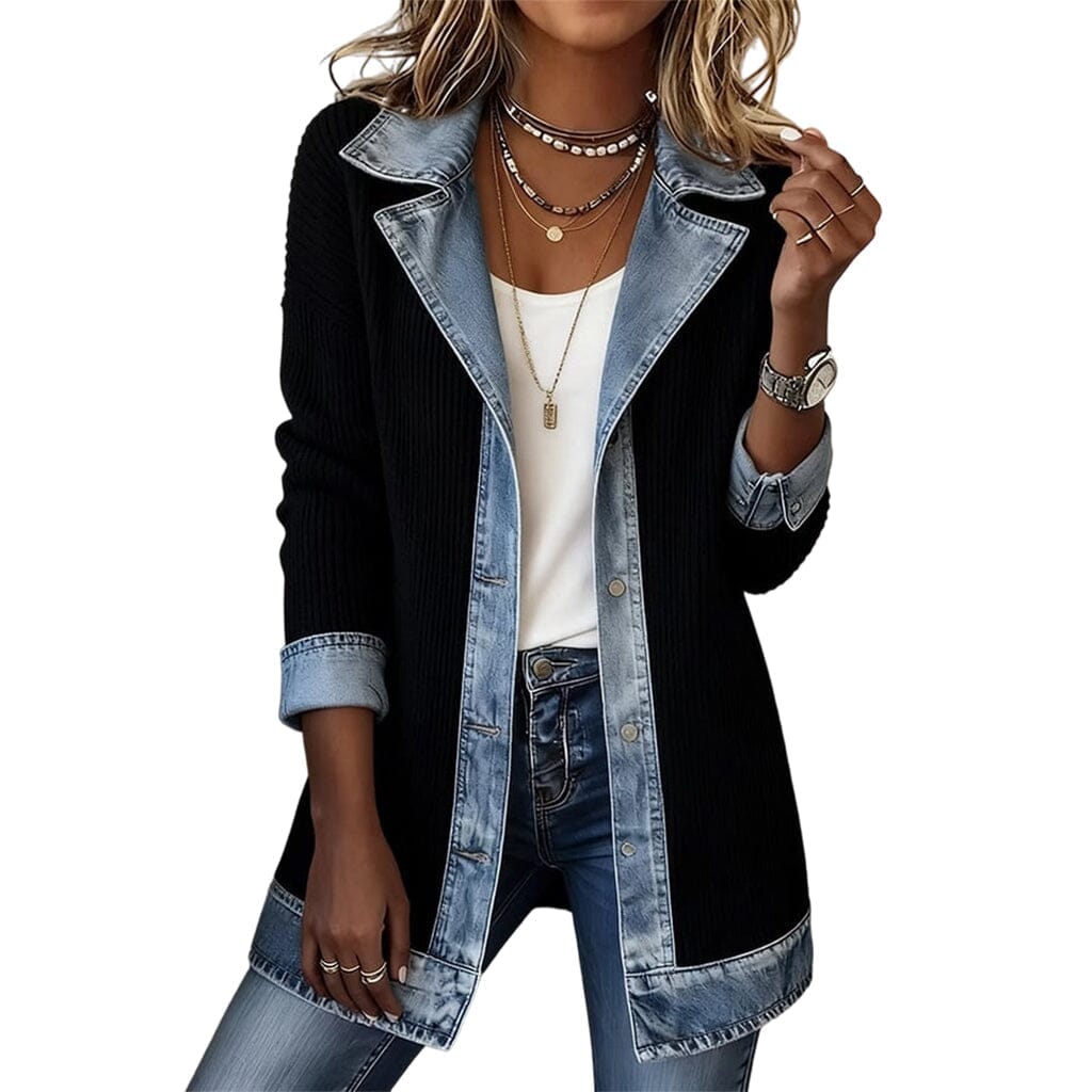 Manteau en maille côtelée femme empiècements jean - Noir