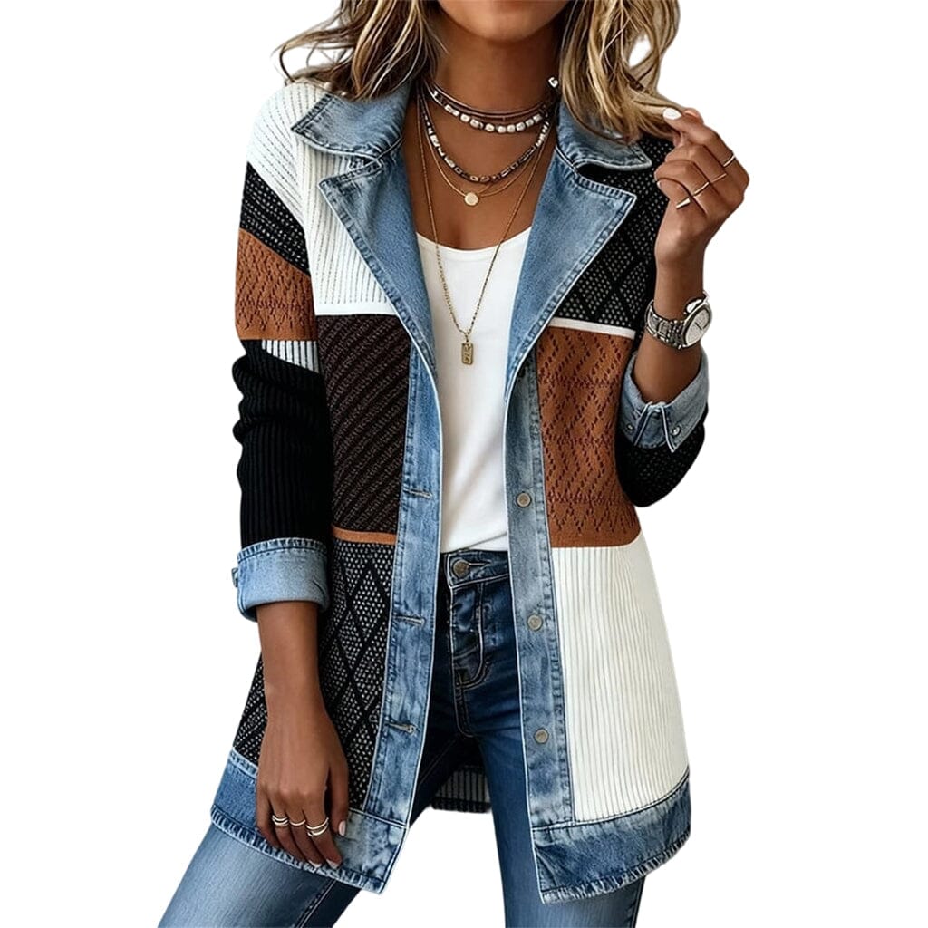 Manteau en maille côtelée femme empiècements jean - Bicolore