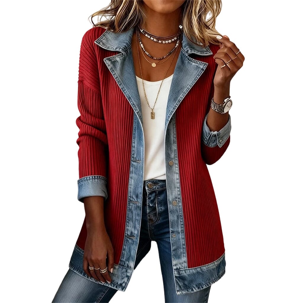 Manteau en maille côtelée femme empiècements jean - Rouge