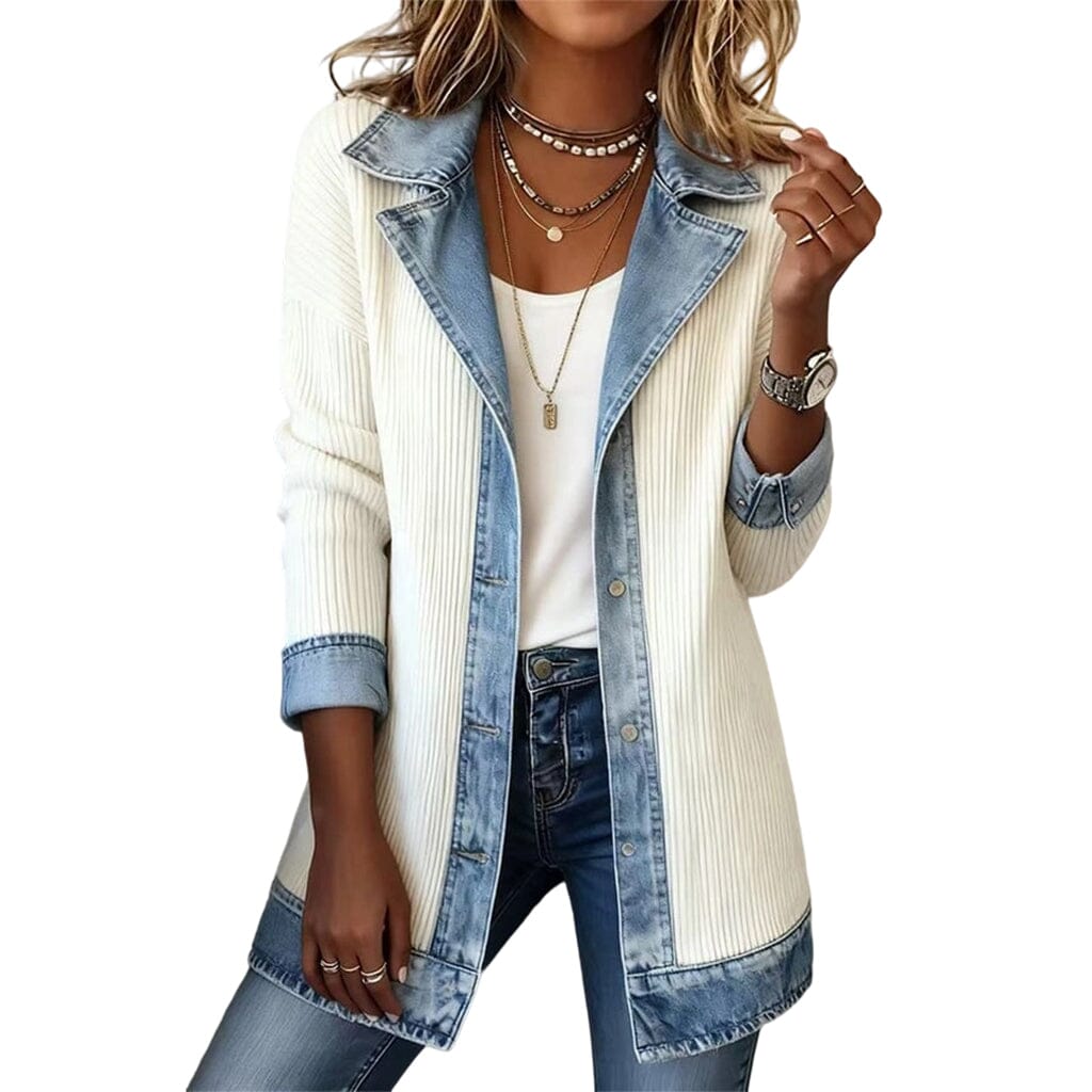 Manteau en maille côtelée femme empiècements jean - Blanc