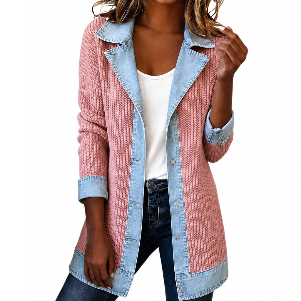 Manteau en maille côtelée femme empiècements jean - Rose
