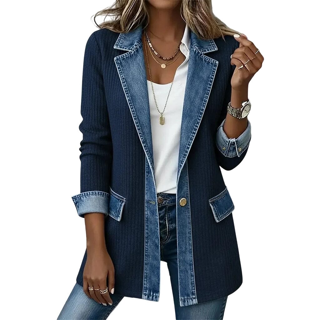 Manteau en maille côtelée femme empiècements jean - Bleu marine