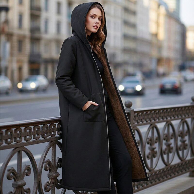 Manteau long femme doublé peluche à capuche