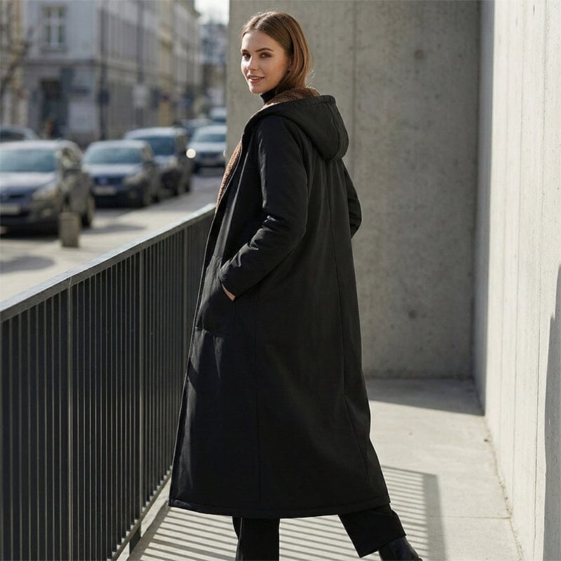 Manteau long femme doublé peluche à capuche