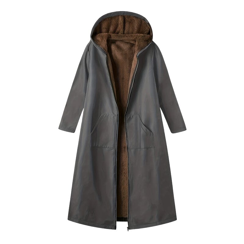 Manteau long femme doublé peluche à capuche - Gris