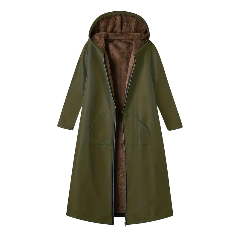 Manteau long femme doublé peluche à capuche - Vert