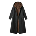 Manteau long femme doublé peluche à capuche - Noir